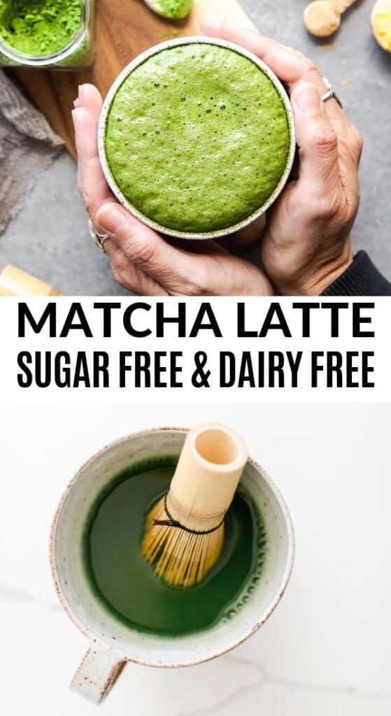 Sugar-free, dairy-free matcha latte in a cup, with a whisk, and vibrant green froth.