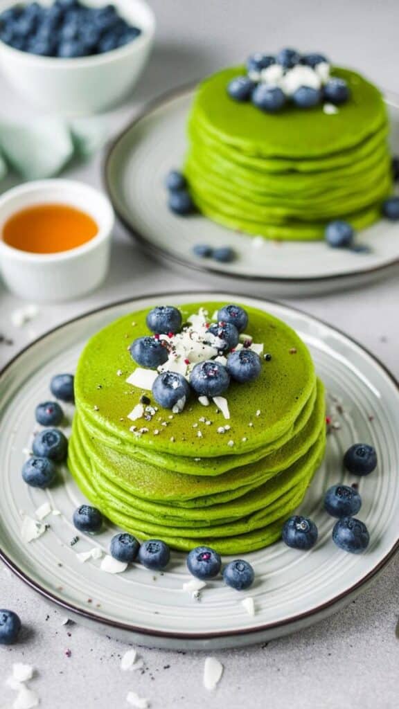 Vibrant green matcha pancakes topped with fresh blueberries and coconut flakes, served with syrup.