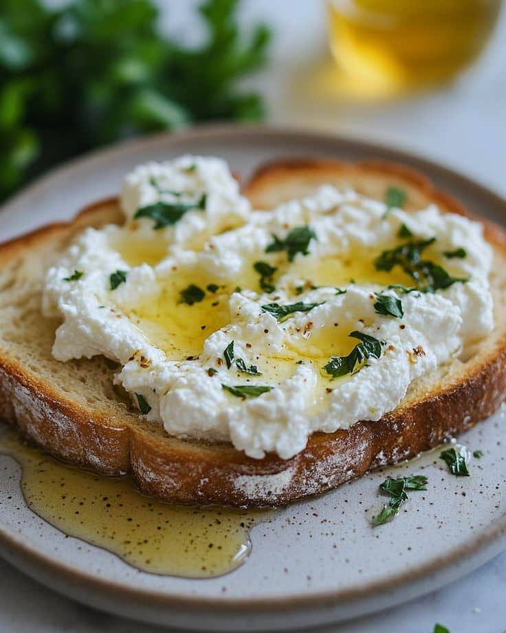 Creamy ricotta toast topped with olive oil and fresh herbs on a plate. Perfect breakfast or snack.