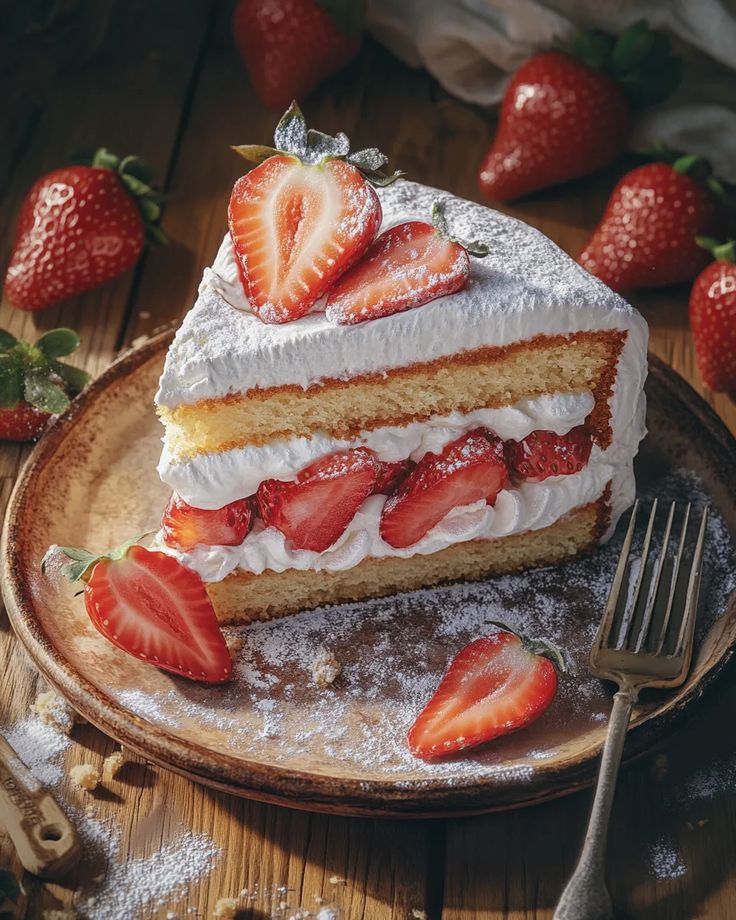 Strawberry shortcake slice with fresh strawberries and whipped cream on a wooden plate, dusted with powdered sugar.