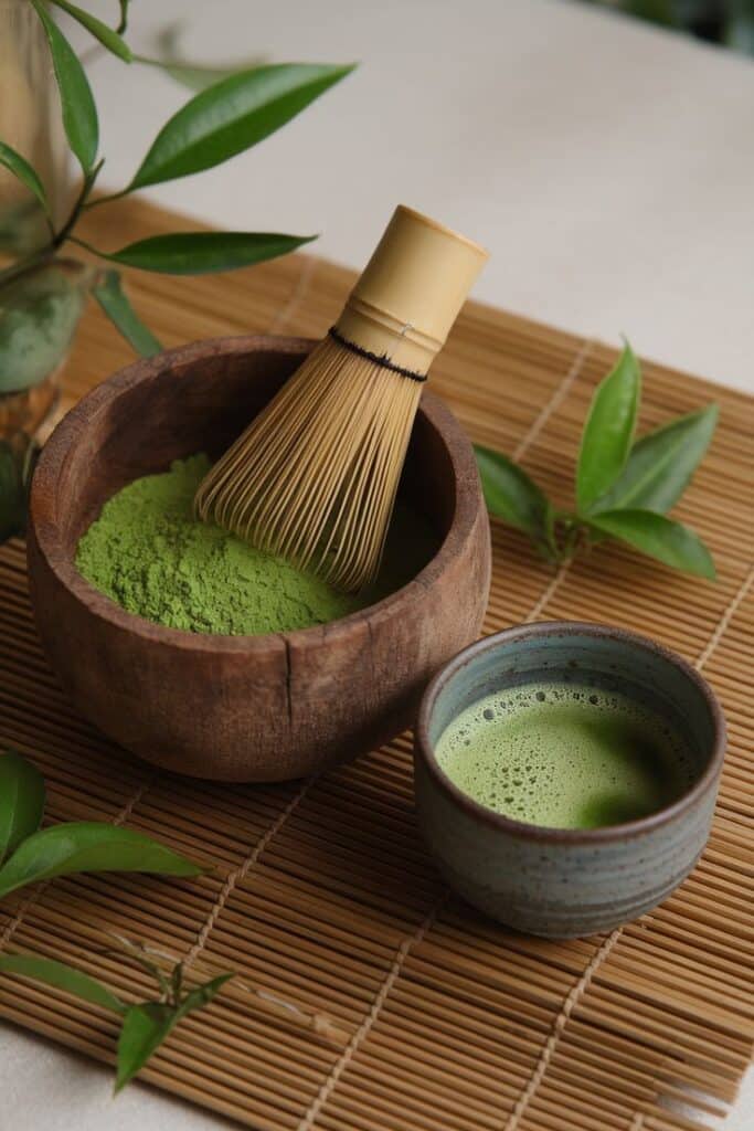 Matcha tea powder in a wooden bowl with a whisk and a cup of frothy green tea on a bamboo mat.
