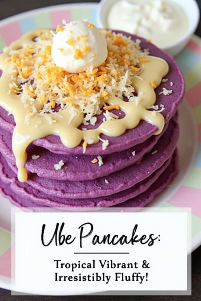 Ube pancakes topped with coconut, butter, and cream on a colorful plate; tropical breakfast delight.