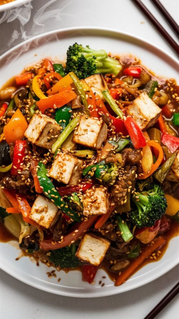 Colorful vegetable stir-fry with tofu and sesame seeds on a white plate, garnished and ready to enjoy.