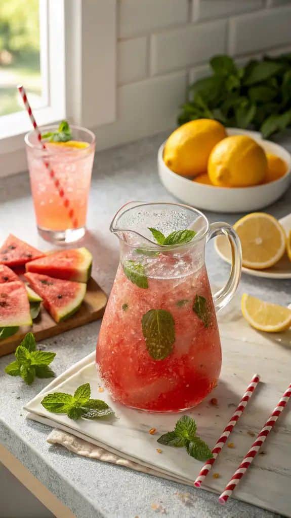 Refreshing watermelon lemonade with mint in a pitcher and glass, surrounded by lemons and watermelon slices.