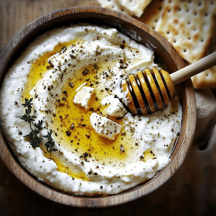 Creamy dip with honey drizzle, thyme, and crackers in a rustic bowl. Delicious appetizer or snack option.