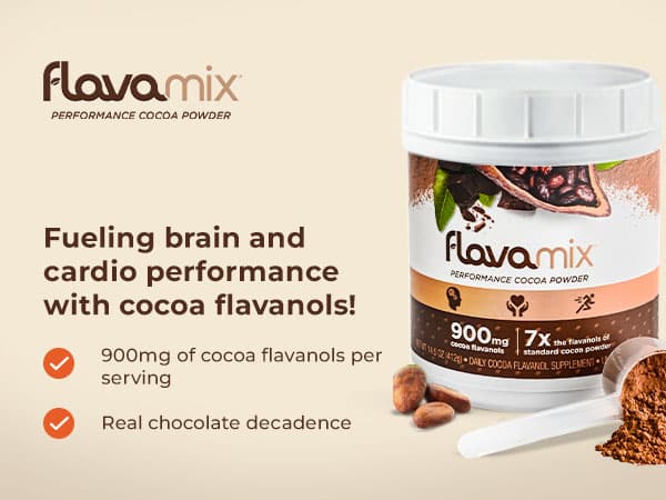 Flavamix cocoa powder for brain and cardio performance, containing 900mg cocoa flavanols per serving, chocolate flavor.