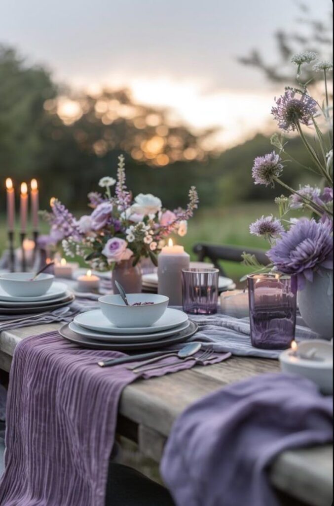 Elegant outdoor table setting with purple flowers, candles, and sunset backdrop. Perfect for a romantic dinner ambiance.