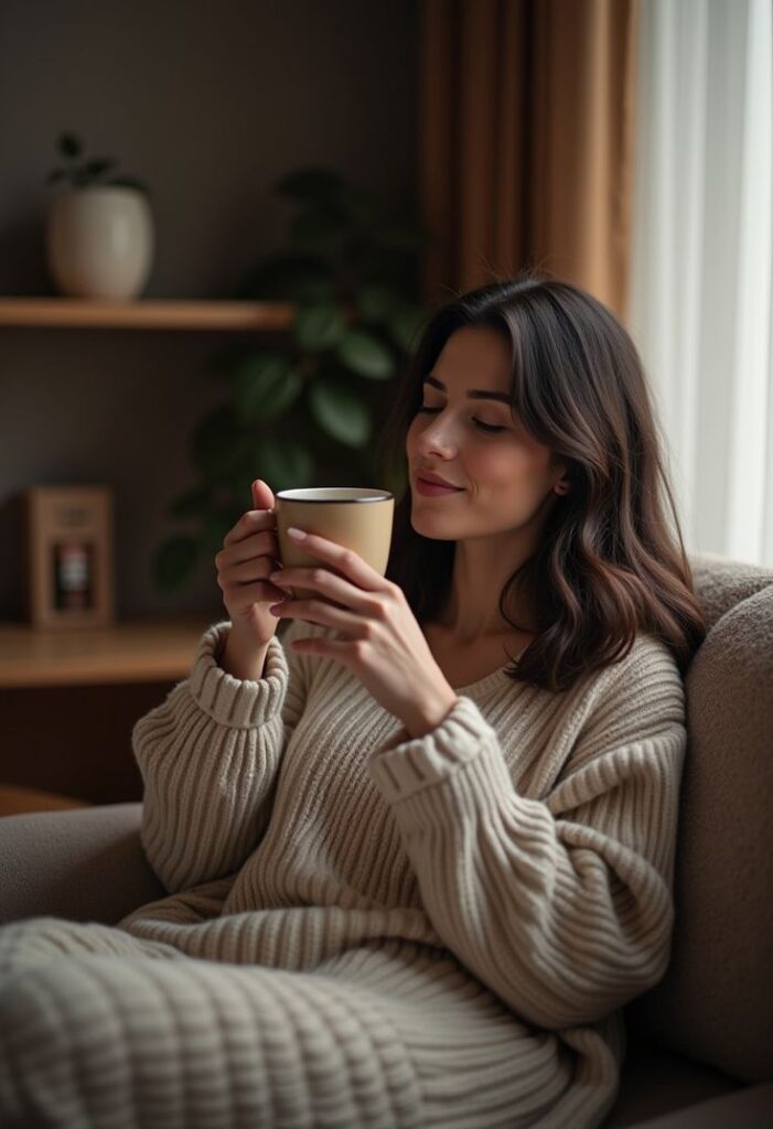 Woman in cozy sweater enjoying a hot drink on a comfortable sofa near a window with natural light.