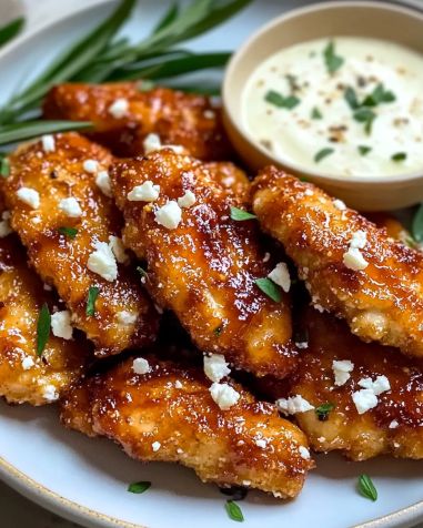 Crispy chicken wings glazed in sauce with herbs and a side of creamy dipping sauce on a plate.