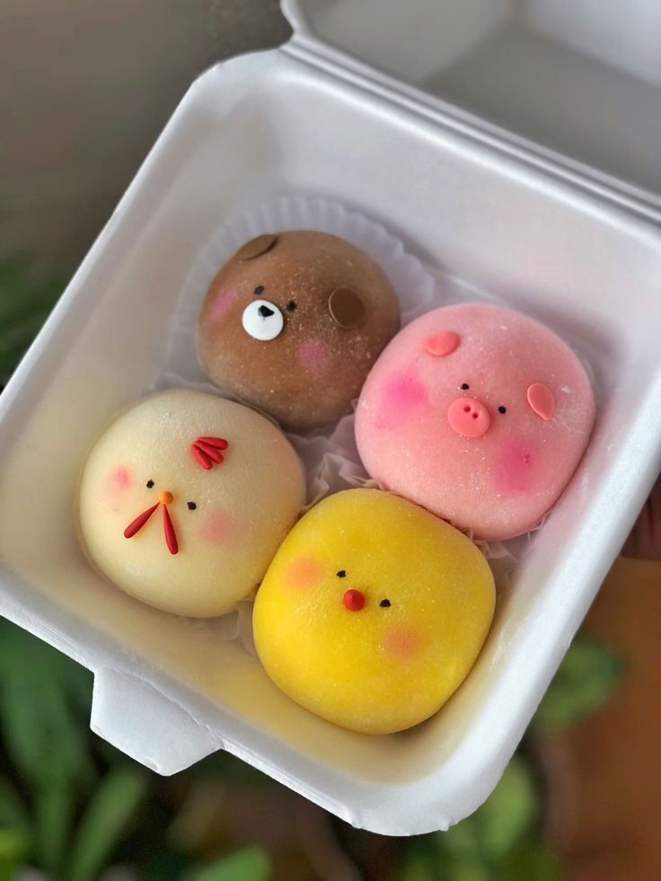 Cute animal-themed mochi sweets in a box: bear, pig, chick, and duck designs, perfect for a fun dessert treat.