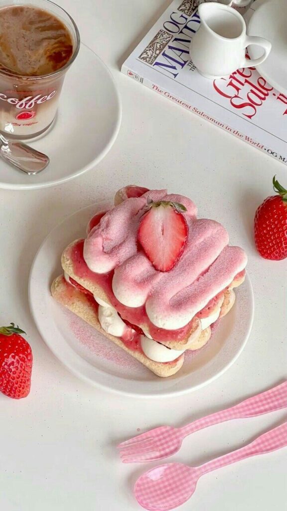 Plate of strawberry tiramisu with coffee and a book. Pink utensils and fresh strawberries on a white table.