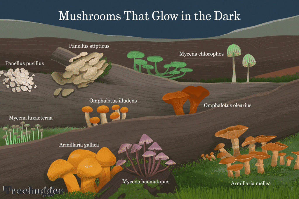 Illustrated chart of bioluminescent mushrooms including Armillaria and Mycena species glowing in the dark.