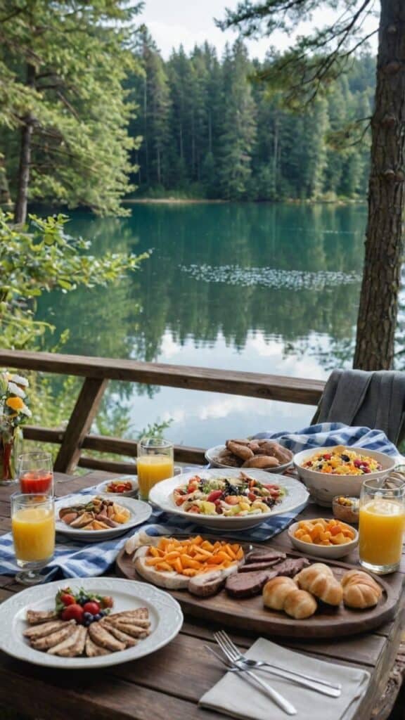 Outdoor breakfast by a serene lake with colorful fruit, pastries, and juice on a rustic wooden table.