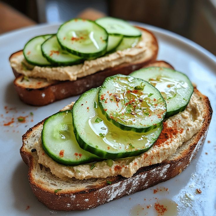 Two slices of bread with hummus, cucumber, olive oil, and spices on a plate.