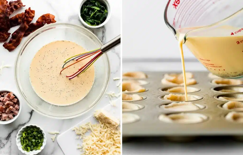 Preparing mini quiches with ingredients: bacon, spinach, ham, cheese; pouring egg mixture into muffin tray on marble surface.