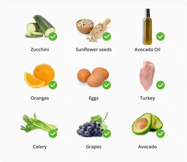 Healthy food list: zucchini, sunflower seeds, avocado oil, oranges, eggs, turkey, celery, grapes, avocado.