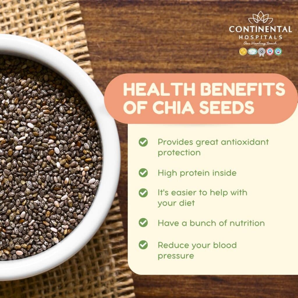 Bowl of chia seeds highlighting their health benefits: antioxidants, high protein, nutrition, and blood pressure reduction.