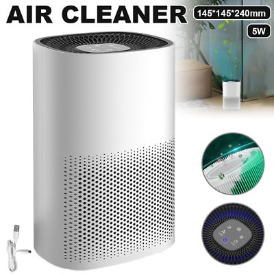 Modern air purifier with digital controls, compact design, 145x145x240mm size, efficient 5W power consumption.