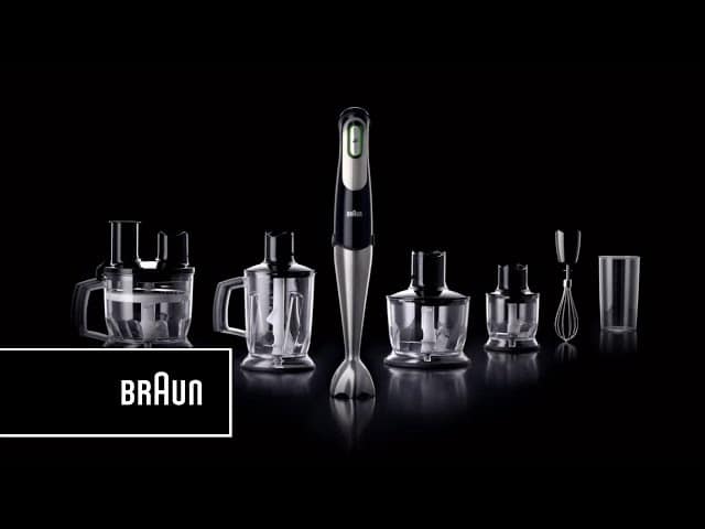 Braun hand blender set with various attachments on black background, showcasing versatility and sleek design.