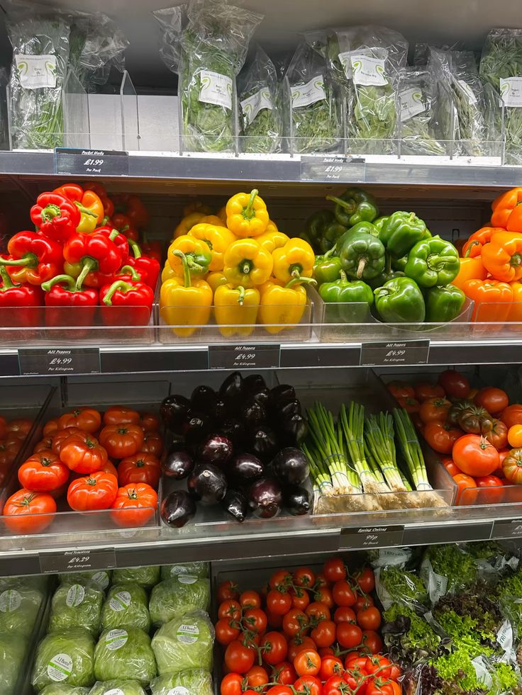 Colorful fresh produce display with peppers, tomatoes, eggplants, spring onions, and greens in a grocery store.
