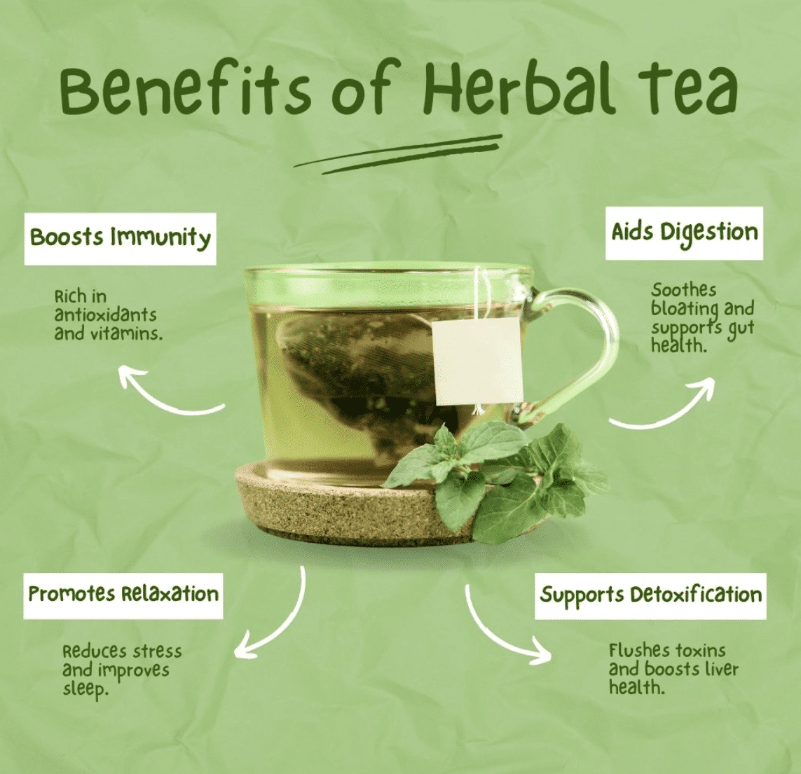 Herbal tea health benefits: boosts immunity, aids digestion, promotes relaxation, supports detoxification.