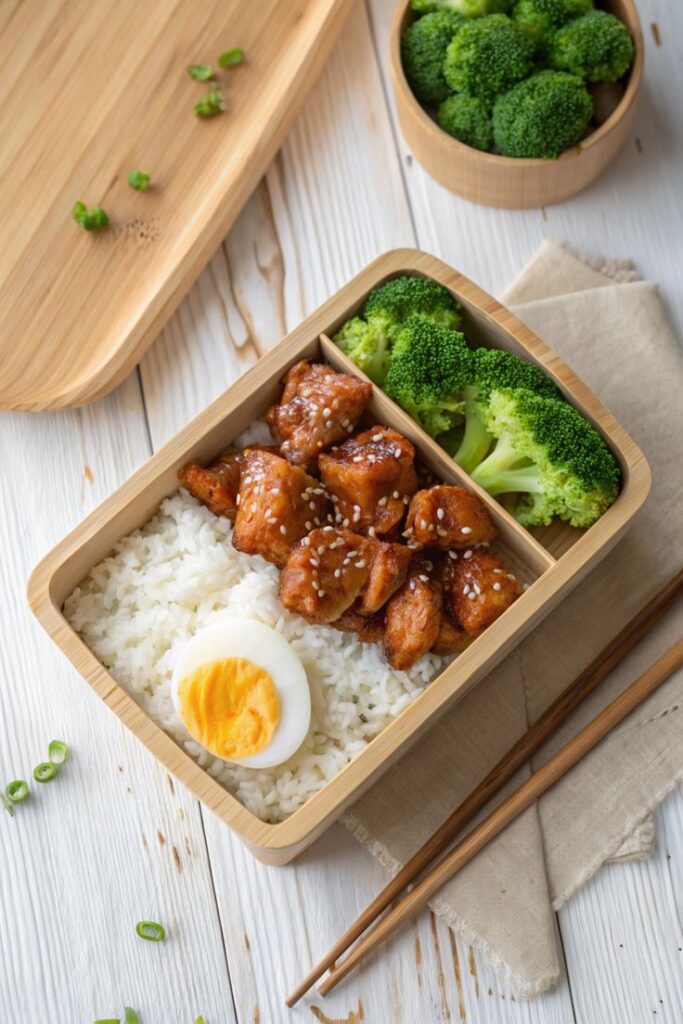 Bento box with teriyaki chicken, broccoli, rice, and boiled egg on a wooden table, perfect for lunch.
