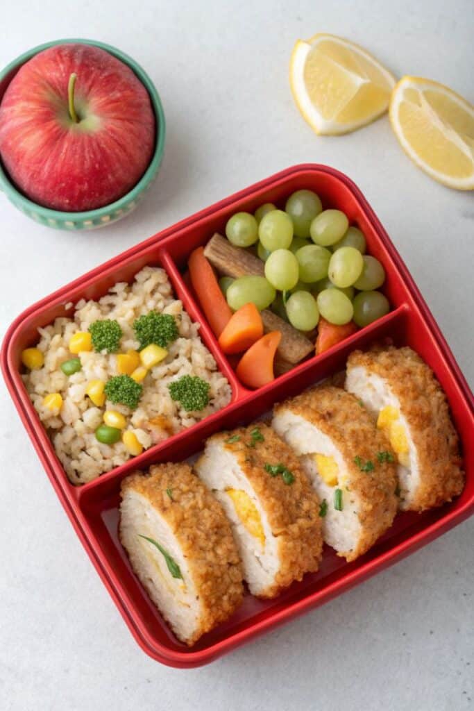 Red bento box with rice and vegetables, crispy rolls, grape medley, and apple with lemon slices on the side.