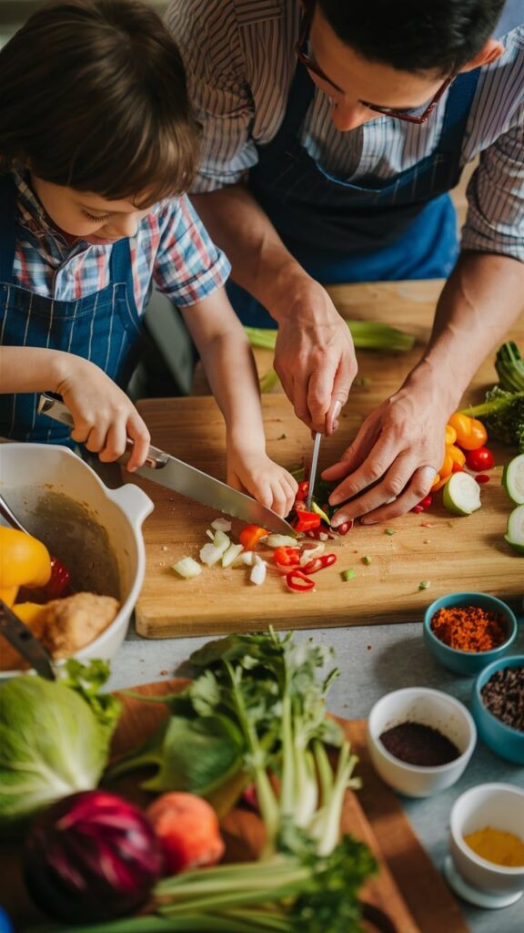 Father and child cooking together, chopping vegetables in a kitchen, fostering culinary skills and family bonding.
