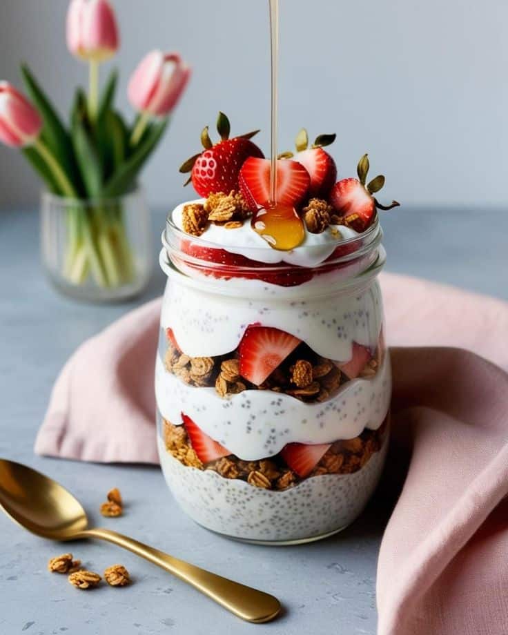 Layered yogurt parfait with strawberries, chia, and granola, topped with honey drizzle, beside pink tulips and a gold spoon.