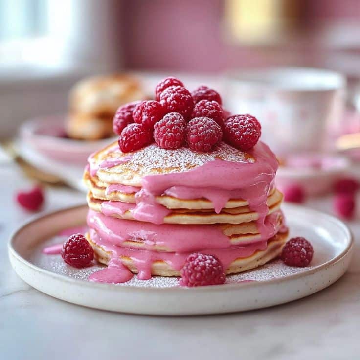 Stack of pancakes topped with pink raspberry sauce and fresh raspberries on a plate, perfect for breakfast.