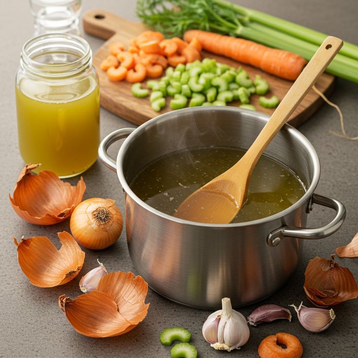 Pot of homemade vegetable broth with carrots, celery, onions, and garlic. Fresh ingredients on a kitchen counter.