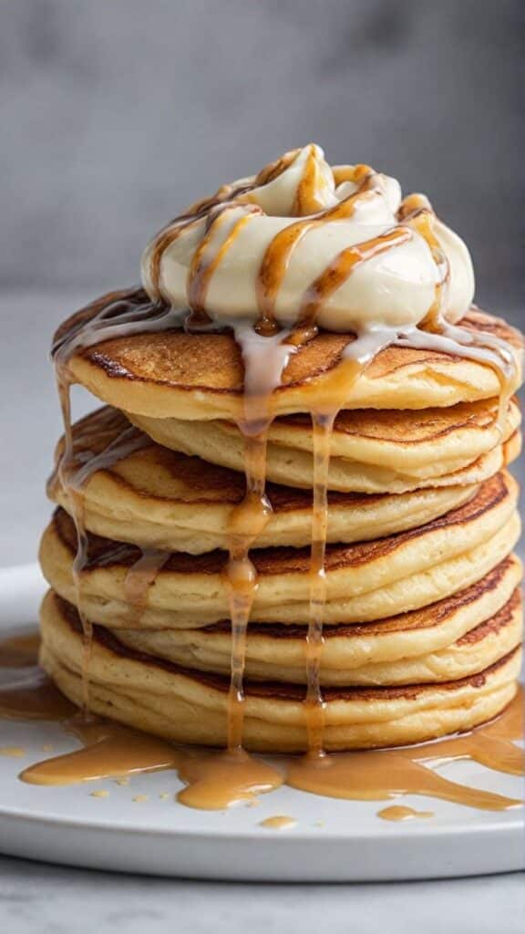 Stack of fluffy pancakes with whipped cream and syrup drizzle on a plate. Perfect breakfast treat!