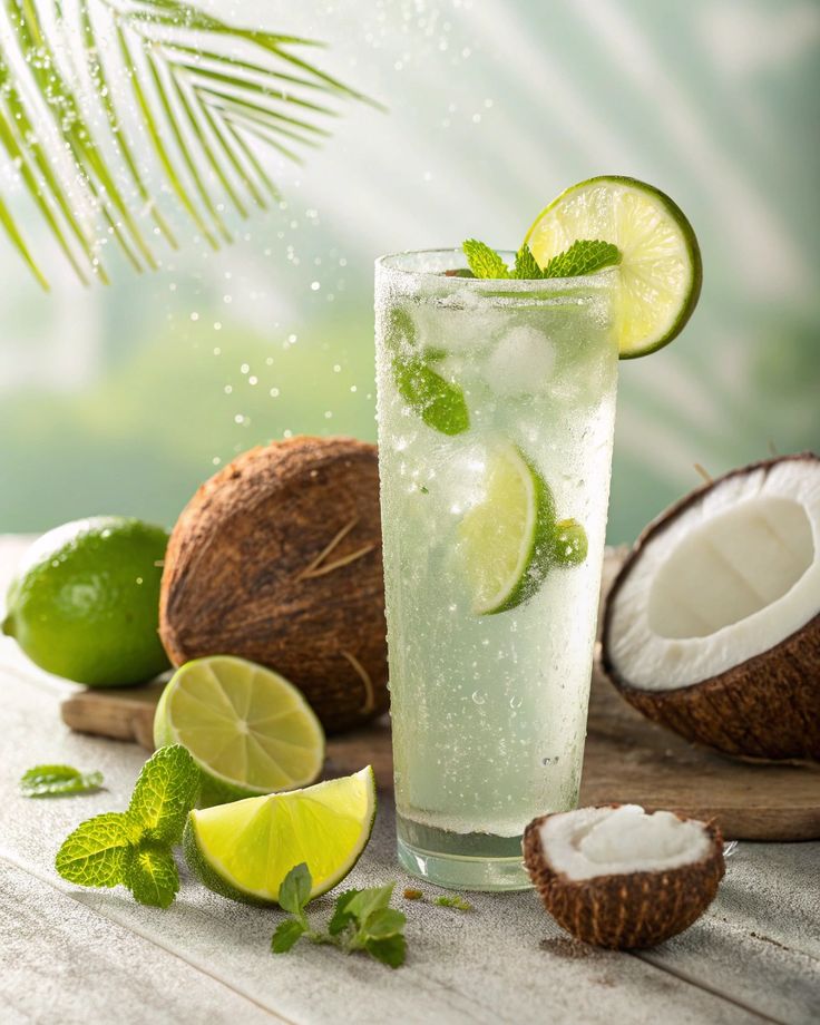Refreshing mojito cocktail with lime, mint, and coconut on a sunny table, perfect for a tropical summer day.
