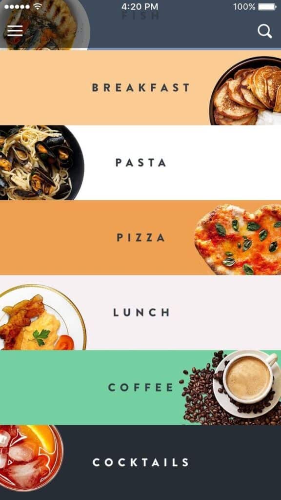Food menu categories including breakfast, pasta, pizza, lunch, coffee, and cocktails with images of each.