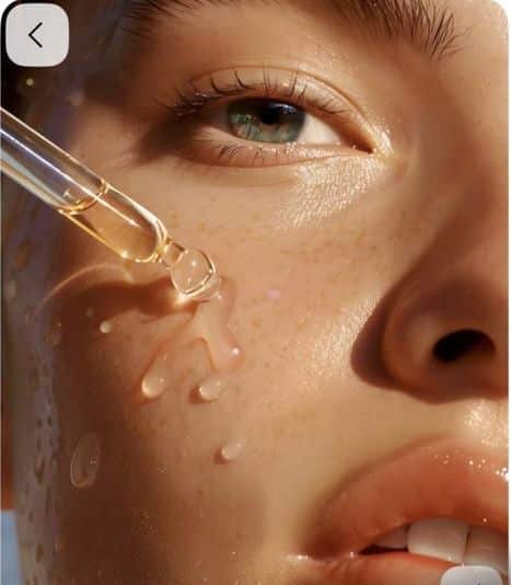 Close-up of a person applying facial serum with a dropper, highlighting skin care and hydration.