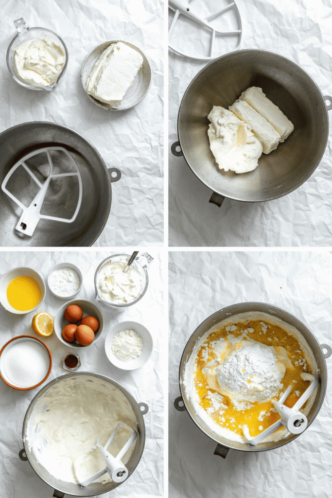 Cheesecake ingredients and mixing process in bowls: cream cheese, eggs, flour, sugar, lemon, and mixer attachment.
