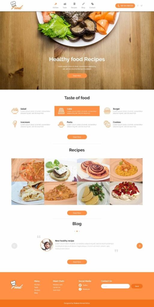 Healthy food recipes website with images of salad, pasta, and desserts on a wooden table.