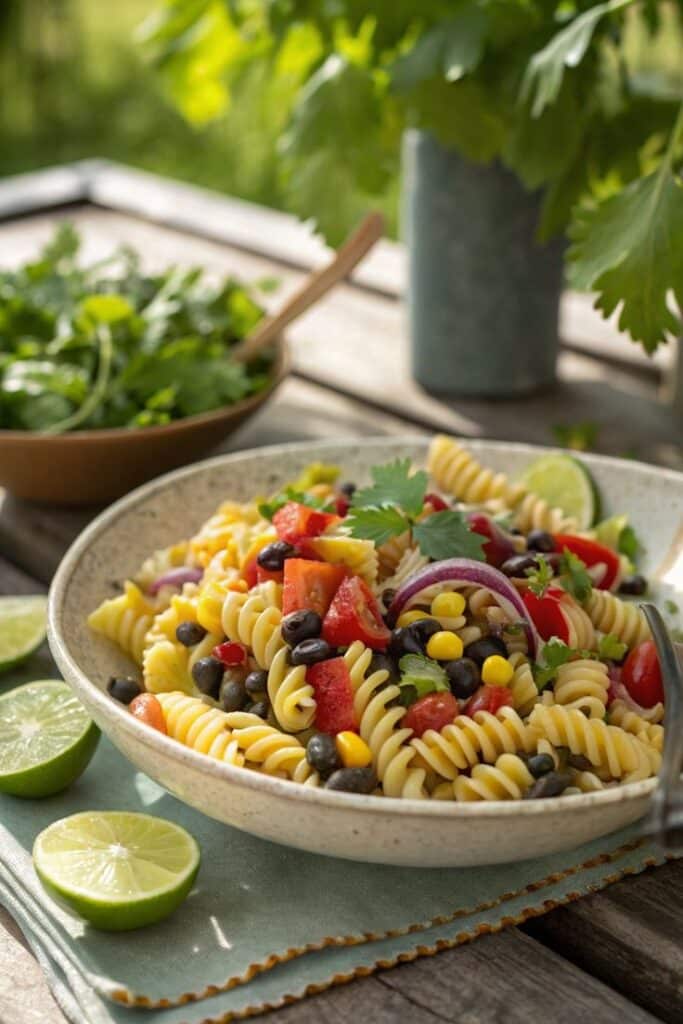 A colorful pasta salad with fusilli, black beans, corn, tomatoes, and cilantro on a table with fresh limes and greens.