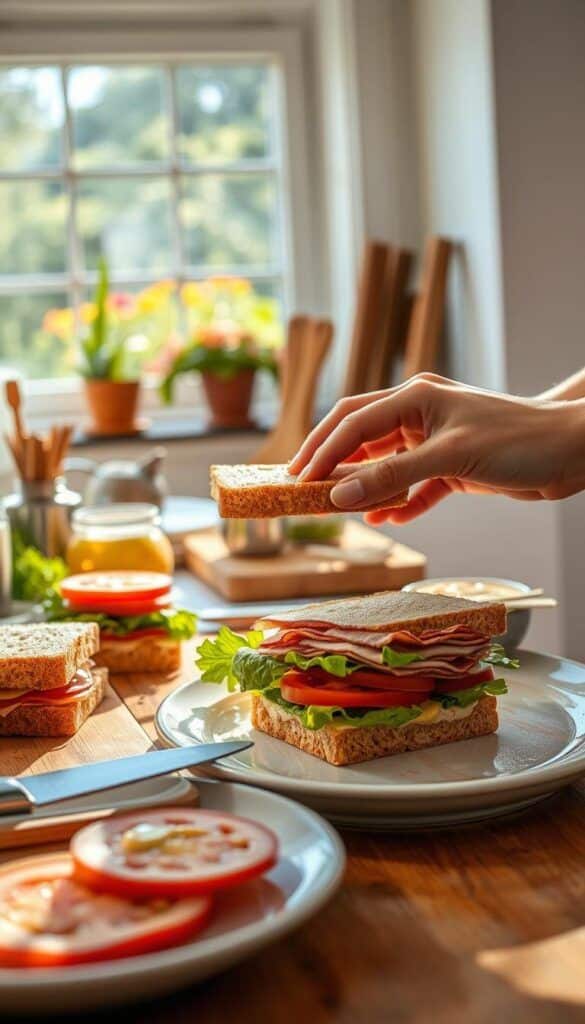 Person assembling fresh ham and veggie sandwich near sunny kitchen window, surrounded by ingredients and utensils.