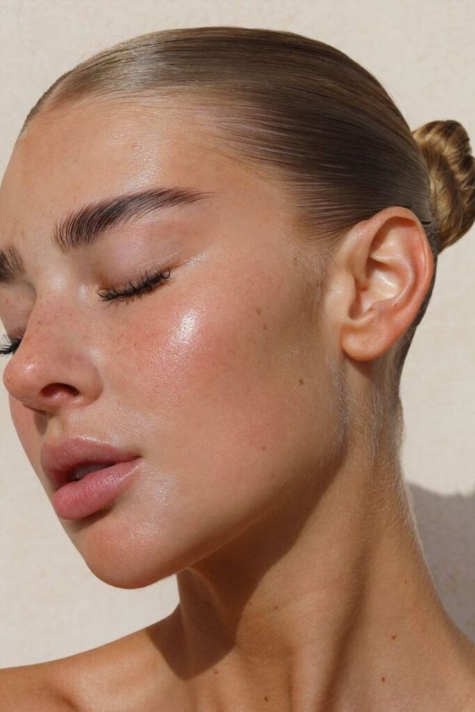 Close-up of a woman's smooth, glowing skin with tied-back hair, highlighting natural beauty and skincare.
