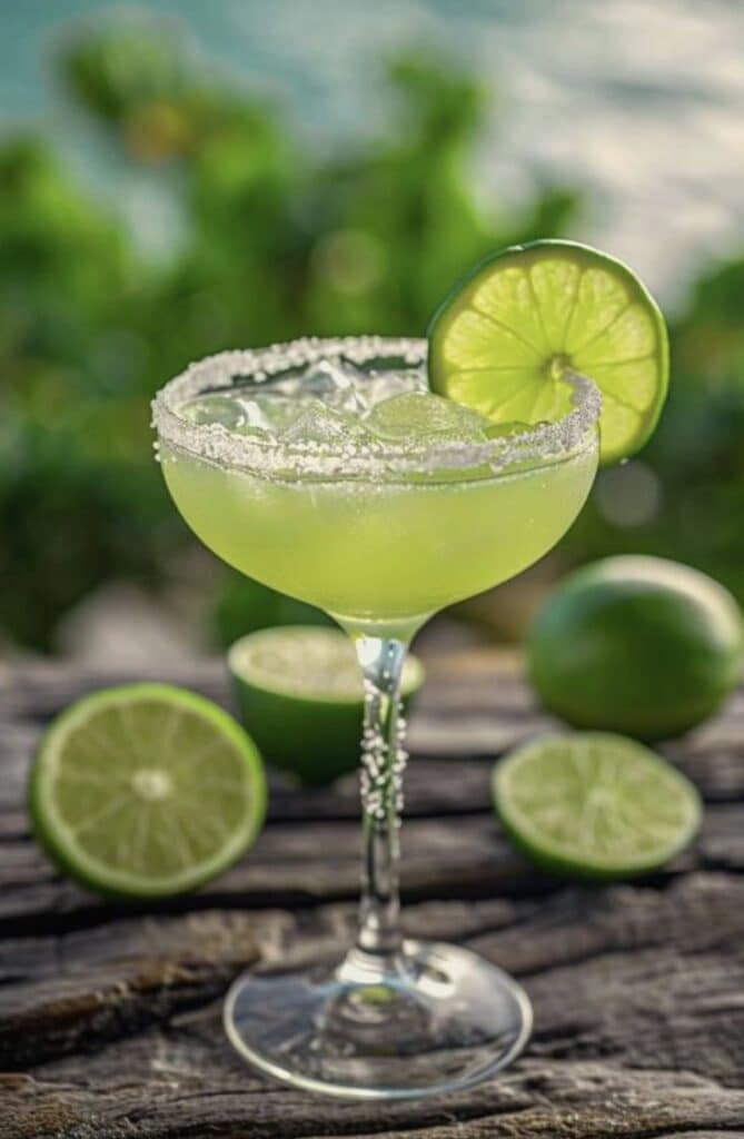 Refreshing margarita with lime slice on a wooden table, surrounded by fresh limes, perfect for summer vibes.
