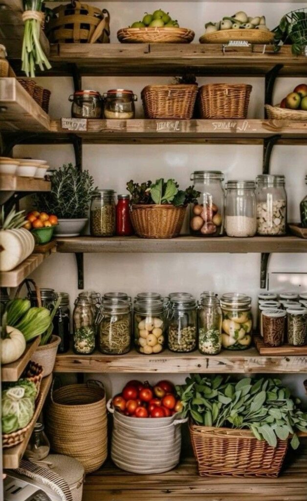 Pantry shelves filled with fresh produce, jars, and baskets for an organized and rustic kitchen storage solution.