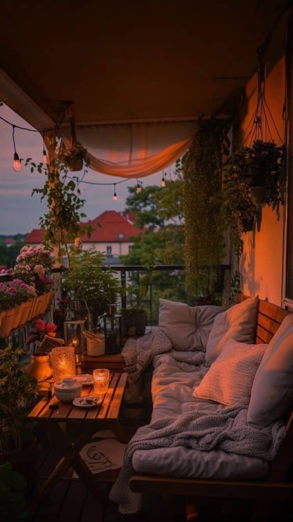 Cozy balcony at sunset with plants, string lights, and candles, creating a warm ambiance for relaxation.