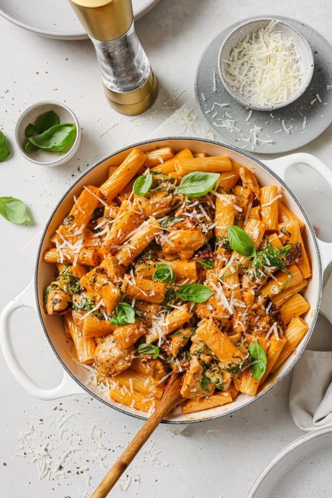 Creamy chicken pasta in a skillet with basil and grated cheese, served on a light countertop.