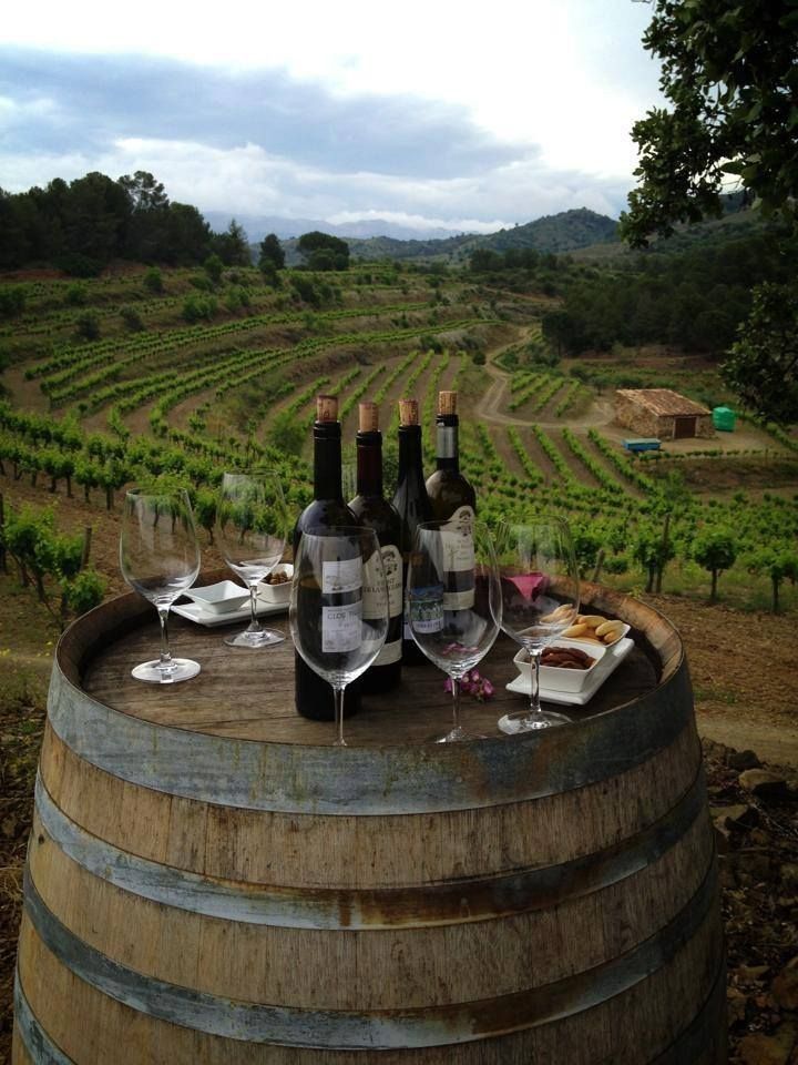 Wine bottles and glasses on barrel overlooking scenic vineyard landscape under a cloudy sky.