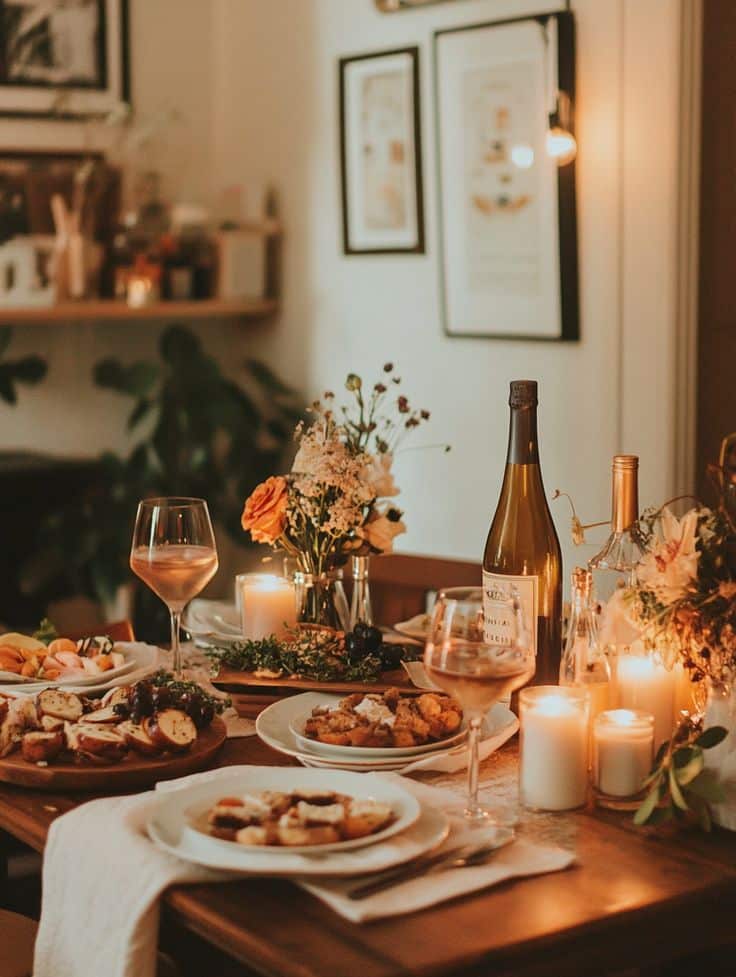 Cozy dinner setup with wine, candles, flowers, and plates of food on a warmly lit table in rustic setting.