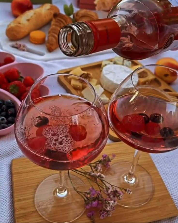 Pouring rosé wine into glasses with berries, picnic with bread, cheese, and fruits on wooden board.
