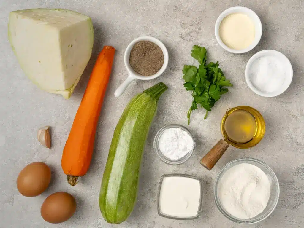 Fresh vegetables and ingredients for cooking: cabbage, carrot, zucchini, parsley, eggs, oil, and seasonings on a gray surface.