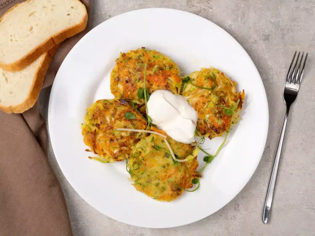 Vegetable fritters with sour cream on a white plate, served with bread and a fork on a gray background.