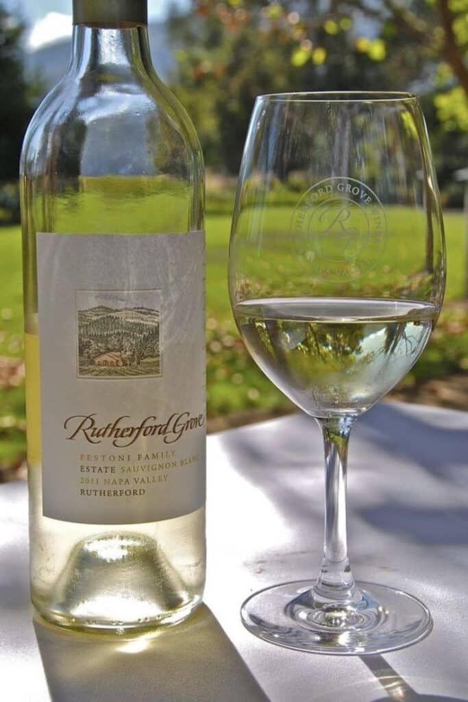 Bottle of white wine with a glass, set on an outdoor table with a lush green background.
